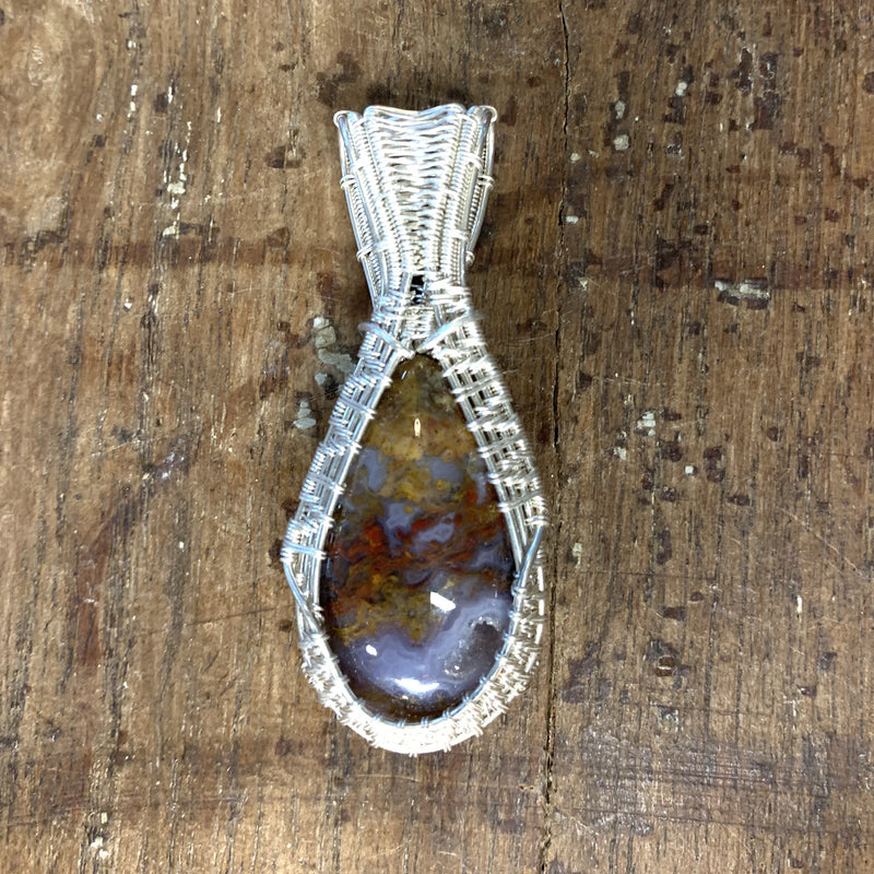 Plume Agate Sterling Silver Wire Weave Pendant