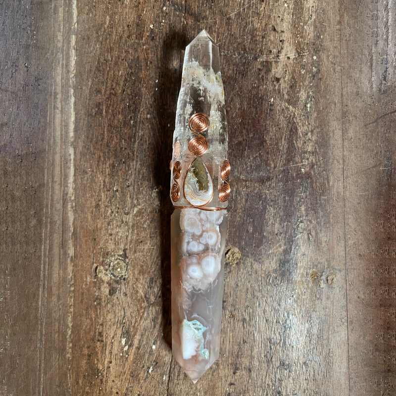 Crystal Wand, Healers Tools, Flower Agate with Columbian Lemurian  Point Wand