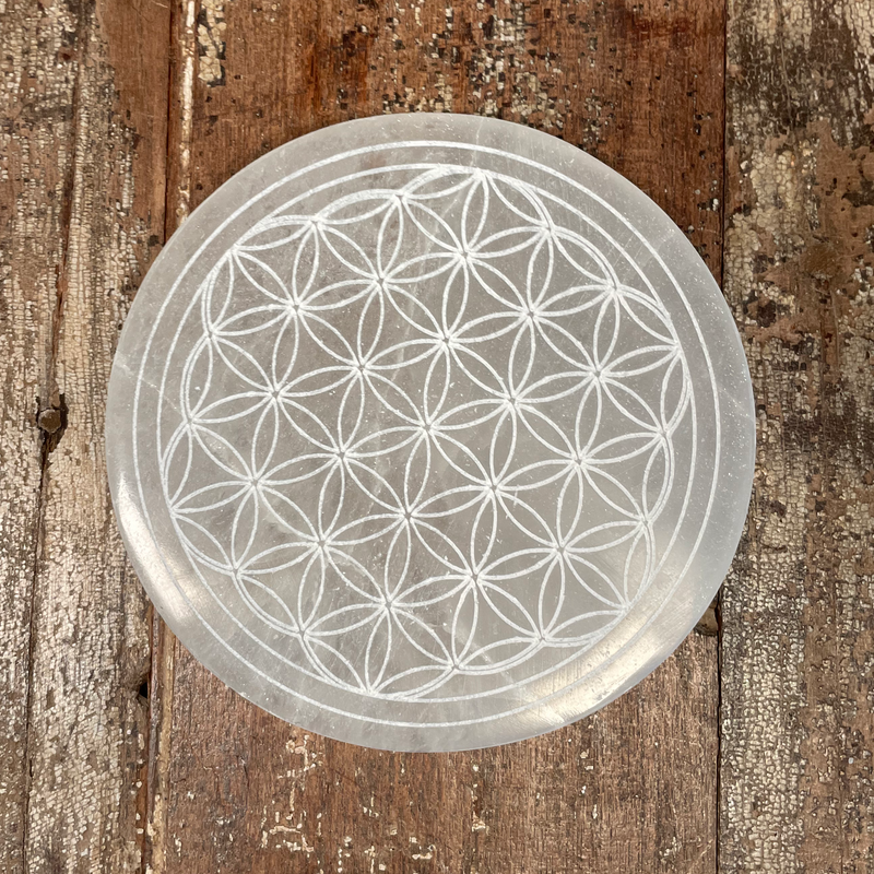 Flower of Life Etched Selenite Charging Plate, Selenite Charging Plate