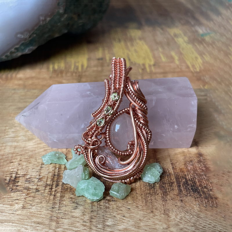 Heart Chakra Copper Wire Weave Pendant, Rose Quartz Pendant