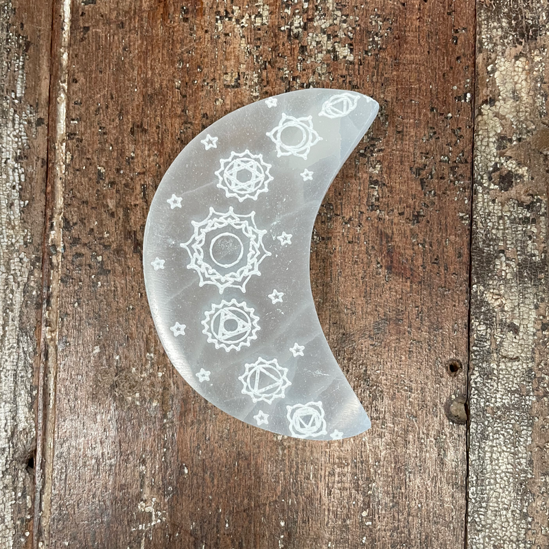 Moon Shaped Chakra Etched Selenite Charging Plate, Selenite Charging Plate