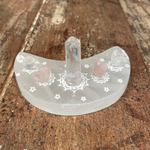 Moon Shaped Chakra Etched Selenite Charging Plate, Selenite Charging Plate