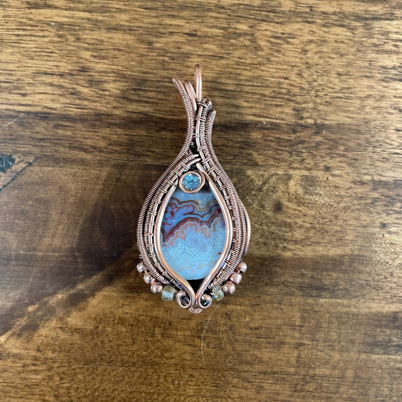Plume Agate and Blue Topaz Wire Weave Pendant