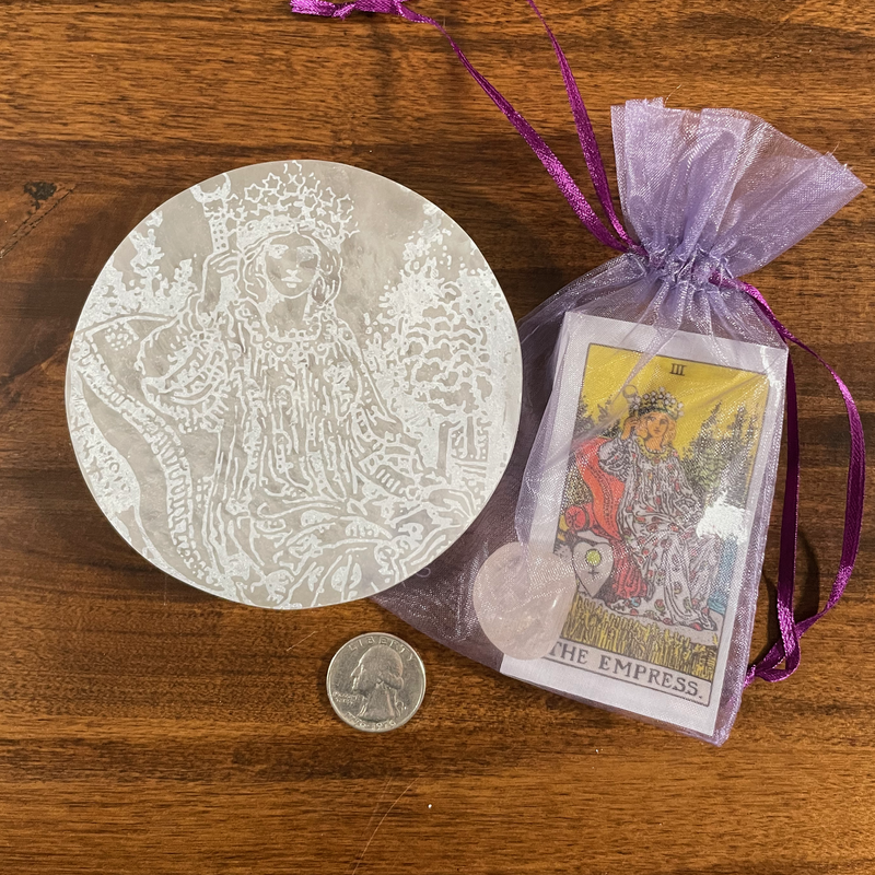The Empress Tarot Card Etched Selenite Charging Plate with Rose Quartz and info Card