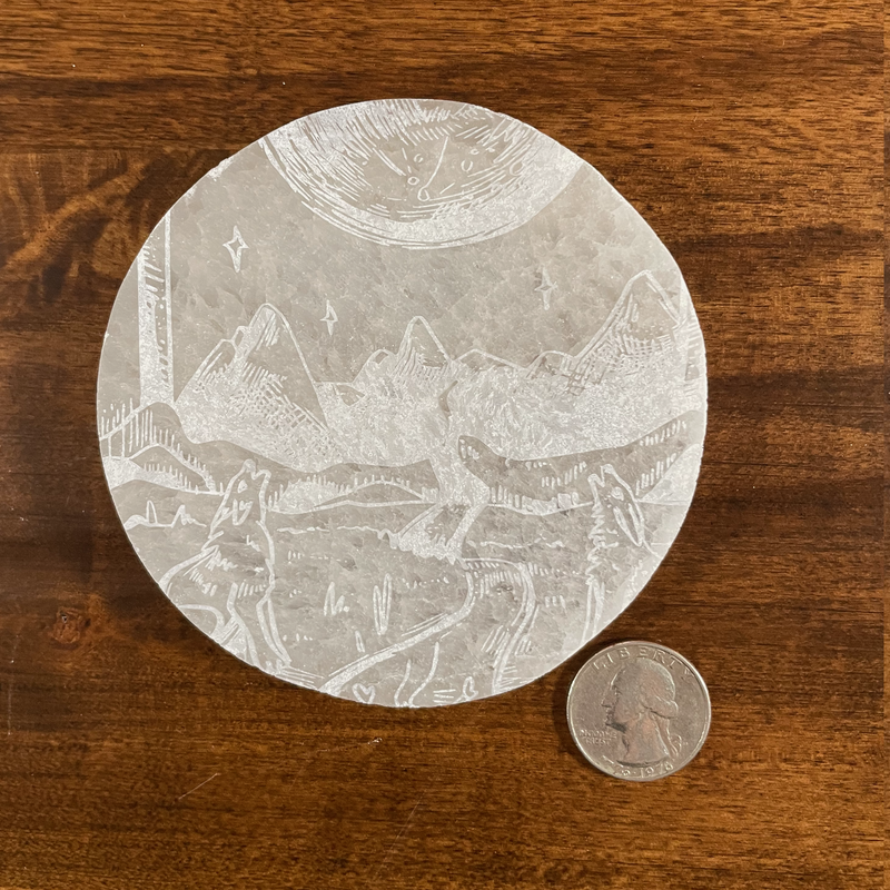 The Moon Tarot Card Etched Selenite Plate with Moonstone and Info Card