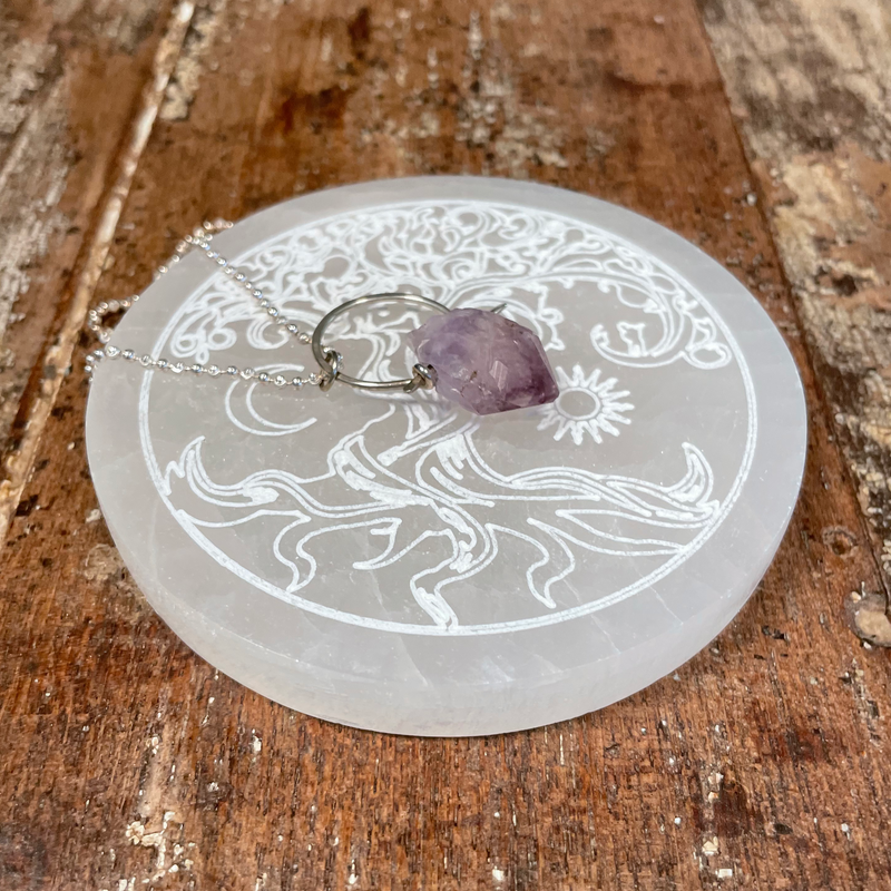 Tree of Life with Sun and Moon Etched Selenite Charging Plate, Selenite Charging Plate
